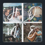 Custom Family Photo Collage Brush Script HOME Square Wall Clock<br><div class="desc">Personalised family keepsake cloxk with 4 of your family photos arranged in a square grid photo collage and a beautiful hand-lettered script spelling HOME. Great gift for mum,  dad,  family,  friends,  parents,  and grandparents!</div>