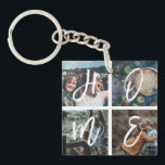 Custom Family Photo Collage Calligraphy  HOME Key Ring<br><div class="desc">Personalised family keepsake keychain with 4 of your family photos arranged in a square grid photo collage and a beautiful hand-lettered script spelling HOME. Great gift for mum,  dad,  family,  friends,  parents,  and grandparents!</div>