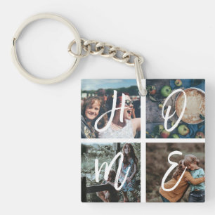 Custom Family Photo Collage Calligraphy  HOME Key Ring