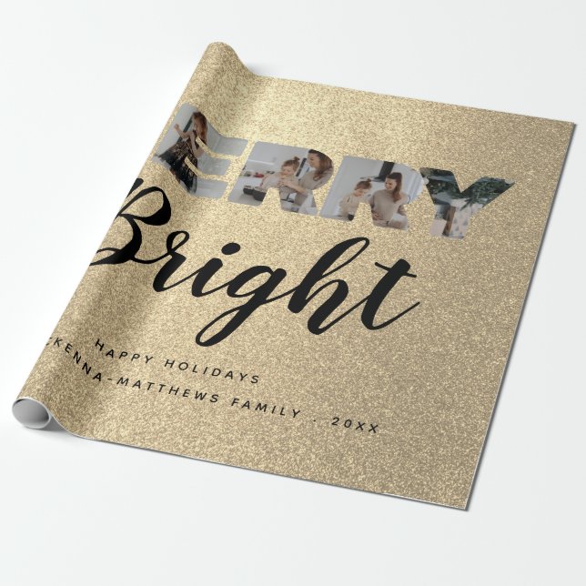 Custom Family Photo Collage Gold Glitter Christmas Wrapping Paper (Unrolled)