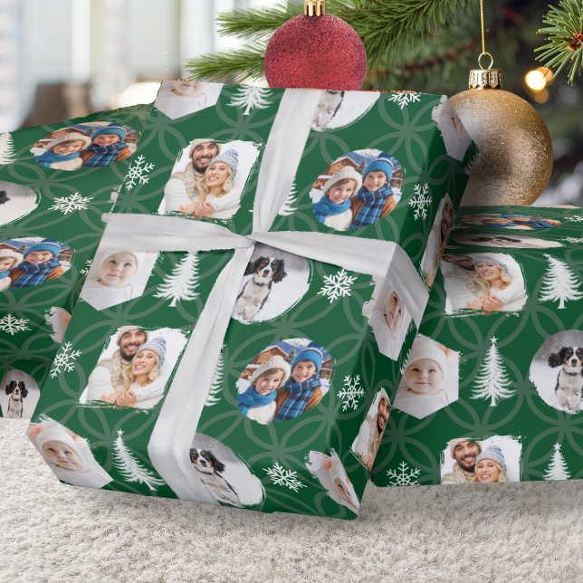 Custom Family Photo Collage Green Christmas Wrapping Paper (Custom multi-photo Christmas gift wrap, in green with geometric pattern, trees and snowflakes)