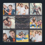 Custom Family Photo Collage Modern Dark Wood Chic Square Wall Clock<br><div class="desc">Custom Family 8 - Photo Collage on a modern elegant dark wood (printed) background. Great personalised present for Father's Day, Mother's Day, or as a present for grandmoms and granddad's for Birthdays or Family Holidays. Update with your favourite 8 photos and this will be a keepsake they will surely treasure....</div>
