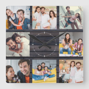 Custom Family Photo Collage Modern Dark Wood Chic Square Wall Clock
