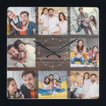 Custom Family Photo Collage Modern Dark Wood Square Wall Clock<br><div class="desc">Custom Family 8 - Photo Collage on a modern elegant dark wood (printed) background. Great personalised present for Father's Day, Mother's Day, or as a present for grandmoms and granddad's for Birthdays or Family Holidays. Update with your favourite 8 photos and this will be a keepsake they will surely treasure....</div>