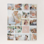 Custom Family Photo Collage & Monogram Jigsaw Puzzle<br><div class="desc">Customise this photo puzzle with 19 square photos arranged in a grid collage layout. Your single initial monogram appears on a pastel blush pink square at the lower right. Perfect for family photos or wedding photos.</div>