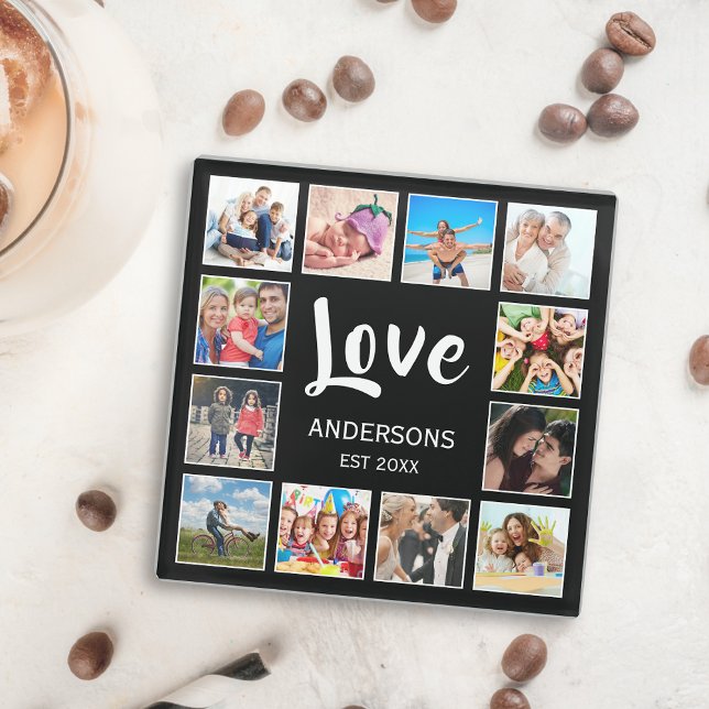 Custom Family Photo Collage Personalised Black Glass Coaster (Creator Uploaded)