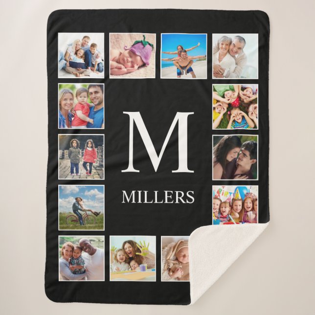 Custom Family Photo Collage Personalised Black Sherpa Blanket (Front)