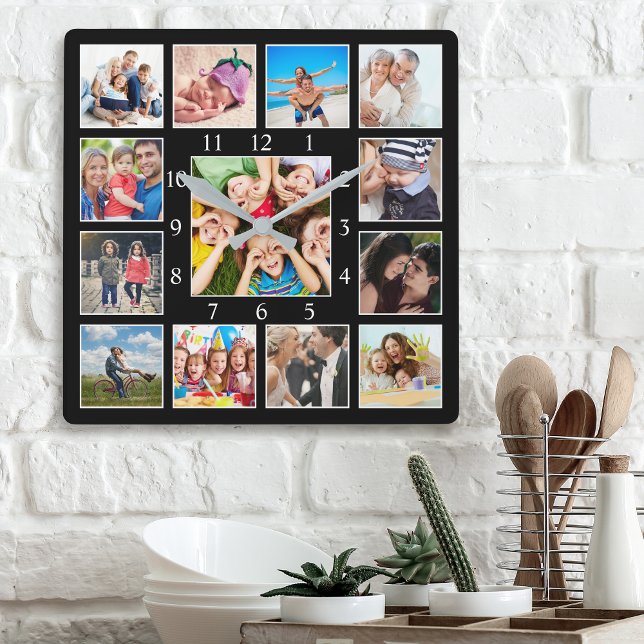 Custom Family Photo Collage Personalised Black Square Wall Clock (Creator Uploaded)