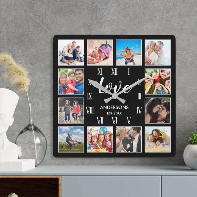  Custom Family Photo Collage Personalised Black Square Wall Clock (Creator Uploaded)