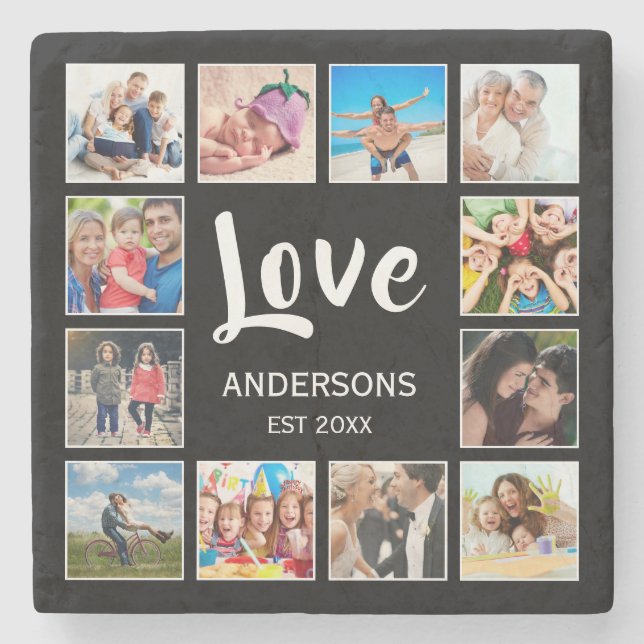 Custom Family Photo Collage Personalised Black Stone Coaster (Front)