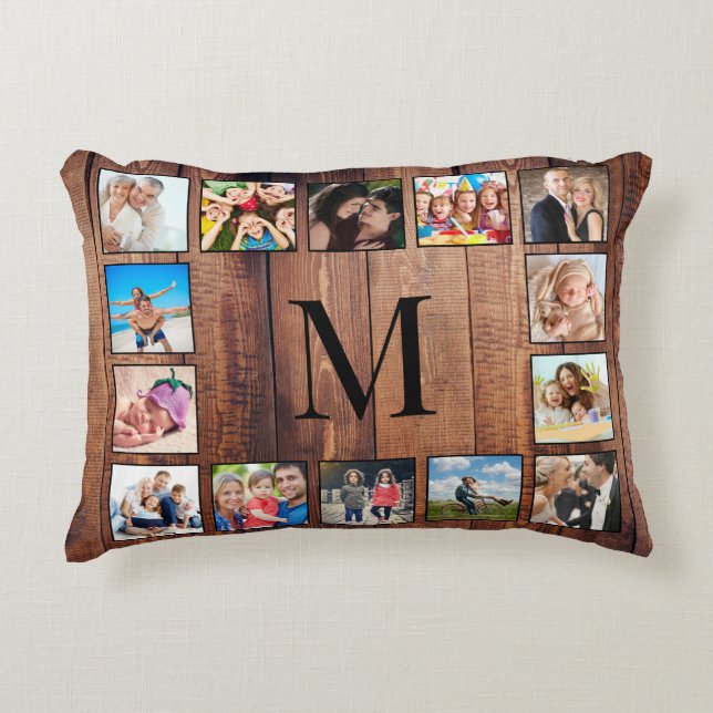 Custom Family Photo Collage Reclaimed Wood Decorative Cushion (Front)