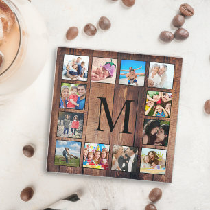 Custom Family Photo Collage Reclaimed Wood Glass Coaster