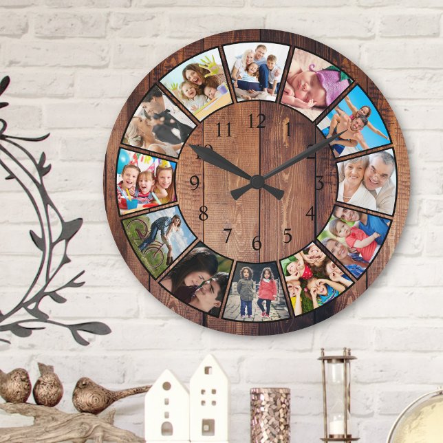 Custom Family Photo Collage Reclaimed Wood Round Clock (Creator Uploaded)