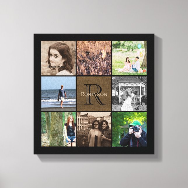 Custom Family Photo Collage Rustic Burlap Monogram Canvas Print (Front)