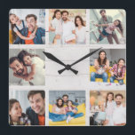 Custom Family Photo Collage Rustic Modern Wood Square Wall Clock<br><div class="desc">Custom Family 8 - Photo Collage on a rustic white "shiplap" wood background. Great personalised present for Father's Day,  Mother's Day,  or as a present for grandmoms and granddad's for Birthdays or Family Holidays. Update with your favourite 8 photos and this will be a keepsake they will surely treasure.</div>