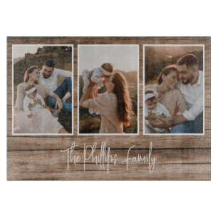 Custom Family Photo Collage Rustic Wood Cutting Board