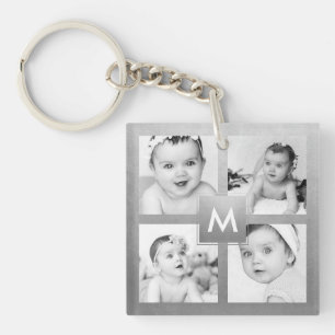 Custom Family Photo Collage Silver Monogram Key Ring