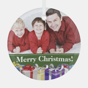 Custom Family Photo Colourful Christmas Parcels Glass Tree Decoration