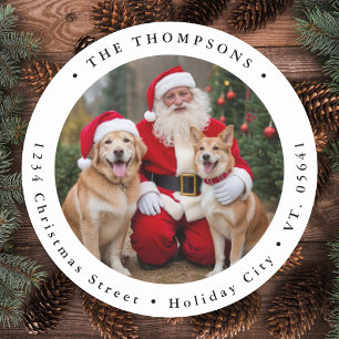 Custom Family Photo Dog Christmas Return Address Classic Round Sticker