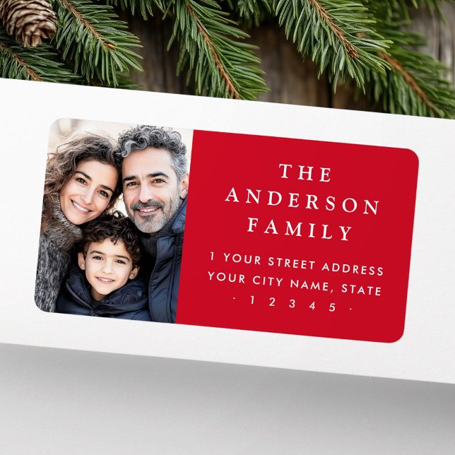Custom family photo elegant red return address label (Custom family photo elegant red return address label)