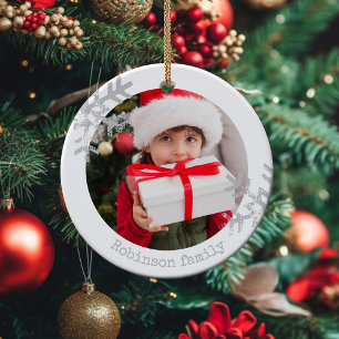 Custom Family Photo Elegant Snowflake Christmas Ceramic Tree Decoration