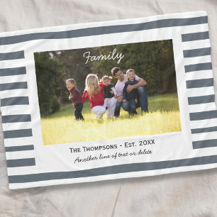 Custom Family Photo Est. Grey & White Stripes Fleece Blanket