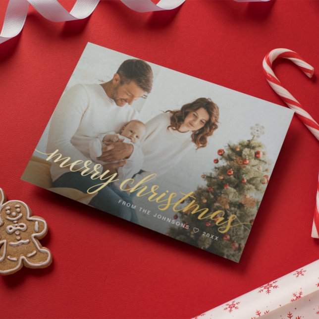 Custom Family Photo Gold Foil Merry Christmas (Real gold foil family photos Merry Christmas flat card.)
