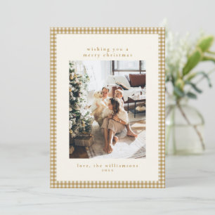 Custom Family Photo Gold Gingham Plaid Christmas Holiday Card