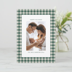 Custom Family Photo Green Gingham Plaid Happy Holiday Card