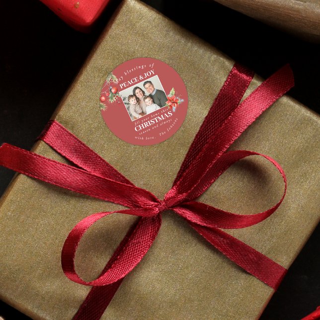 Custom Family Photo Holiday Classic Round Sticker (Creator Uploaded)