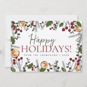 Custom Family Photo holly oranges Happy Holidays Holiday Card