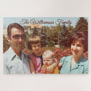 Custom Family Photo Keepsake Retro Script Name Jigsaw Puzzle