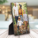 Custom Family Photo Modern Heart Script Plaque<br><div class="desc">Custom photo plaque with a modern heart script design reading FAMILY alongside your names and year.</div>