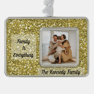 Custom Family Photo, Name and Quote Gold Glitter Silver Plated Framed Ornament