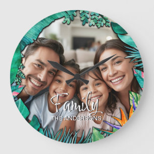 Custom Family Photo Name Tropical Watercolor Large Clock