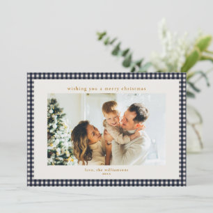 Custom Family Photo Navy Gingham Plaid Christmas Holiday Card