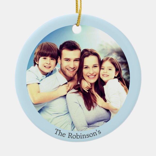 Custom Family Photo on Light Blue Personalised Ceramic Tree Decoration (Front)