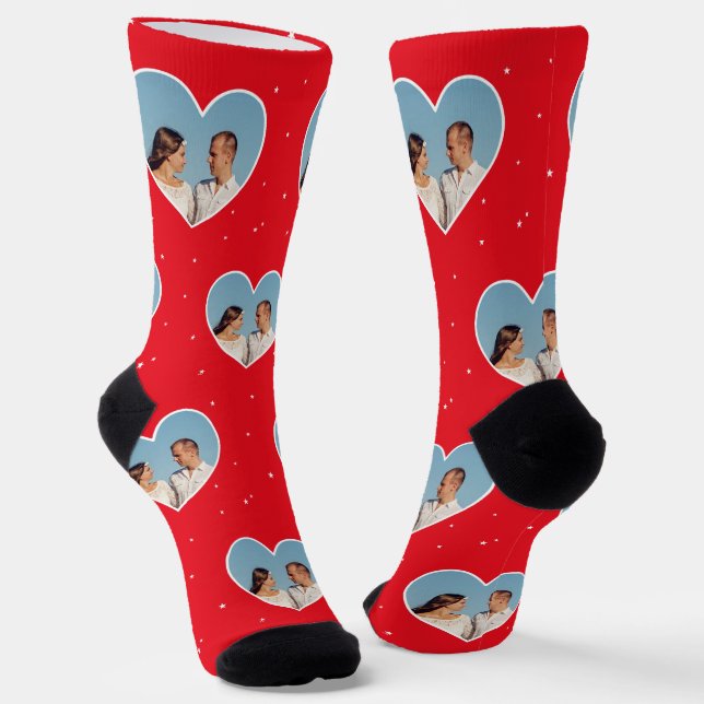 Custom Family Photo on Red Crew Socks (Angled)