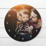 Custom Family Photo Overlay Monogrammed Large Clock<br><div class="desc">Create a special one of a kind round or square wall clock. The personalised clock design features your family name in simple modern fonts overlaid onto your full bleed family photo. Use the design tools to add more photos and text, and choose any fonts and colours to match your own...</div>