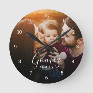 Custom Family Photo Overlay Monogrammed Round Clock