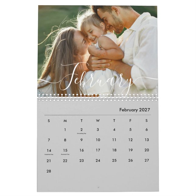 Custom Family Photo | Personalized Modern Gray Calendar (Feb 2027)