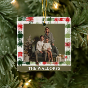 Custom Family Photo Red and Green Plaid Ornament