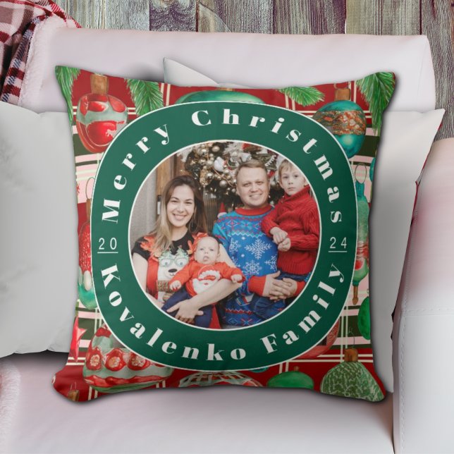 Custom Family Photo Red Green Plaid Holiday Cushion (Creator Uploaded)