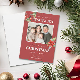 Custom Family Photo Red Poinsettia Christmas Holiday Card