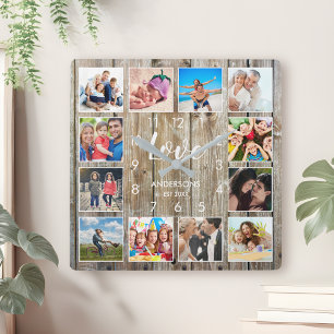 Custom Family Photo Rustic Farmhouse Love Script Square Wall Clock