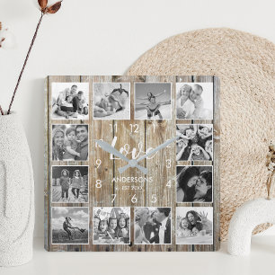 Custom Family Photo Rustic Farmhouse Love Script Square Wall Clock