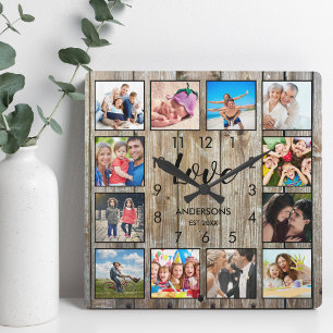 Custom Family Photo Rustic Farmhouse Love Script Square Wall Clock