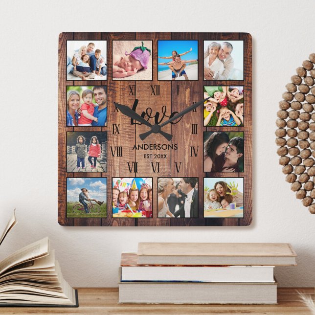 Custom Family Photo Rustic Farmhouse Love Script Square Wall Clock (Creator Uploaded)