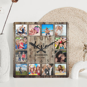 Custom Family Photo Rustic Farmhouse Love Script Square Wall Clock