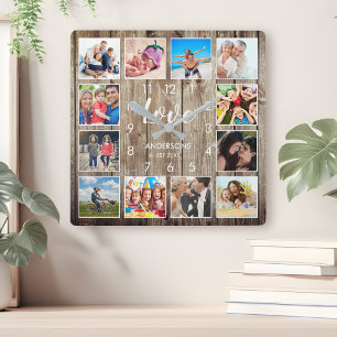Custom Family Photo Rustic Farmhouse Love Script Square Wall Clock